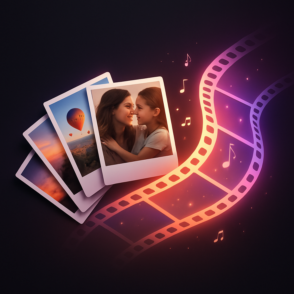 Photos becoming a cinematic film strip with music notes